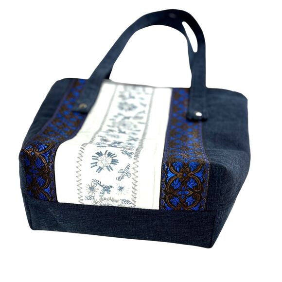 Handmade Upcycled Color Block Embroidered Shoulder Tote Bag Cotton Lined Pockets - Picture 10 of 12